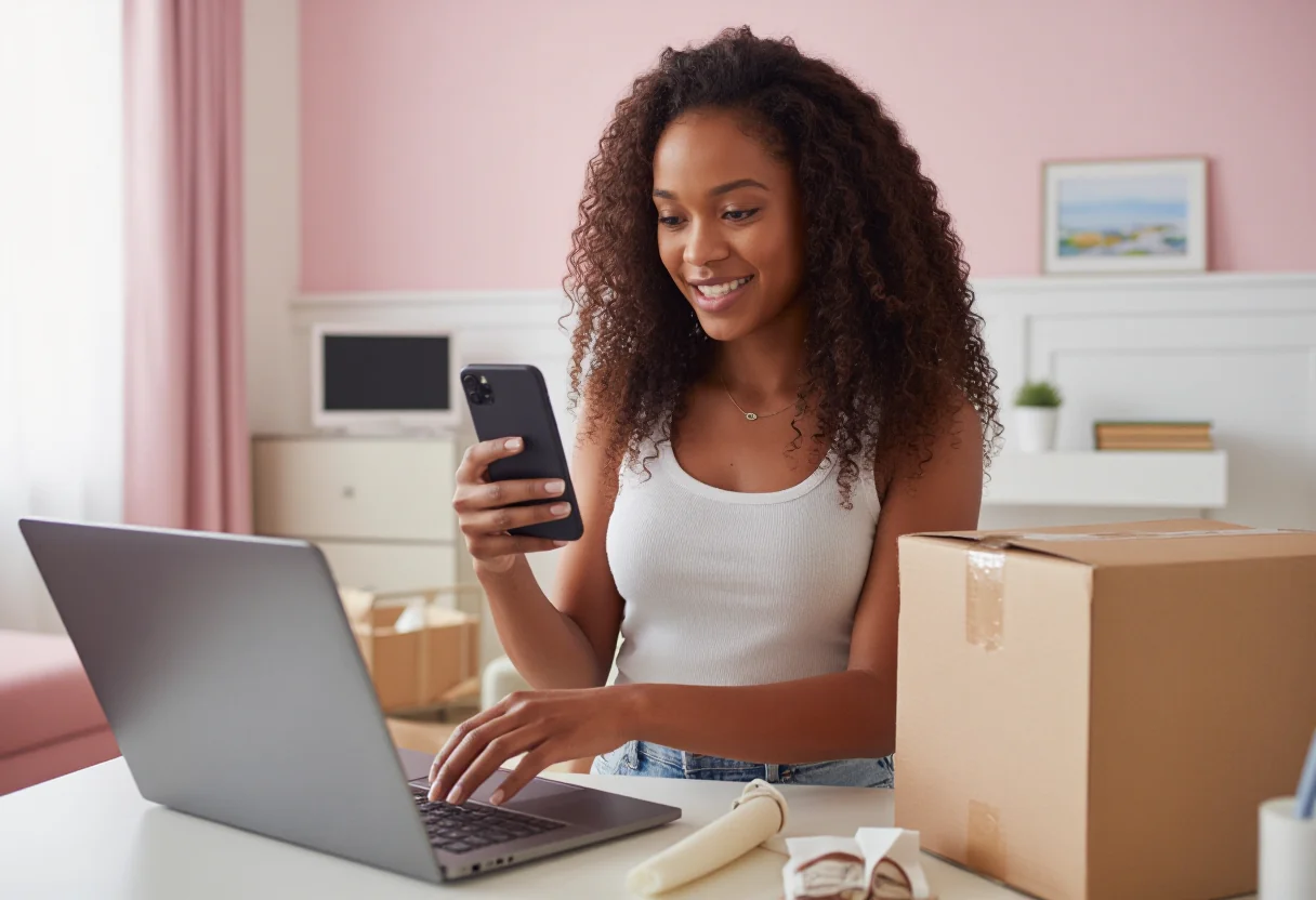 Achteraf betalen bij webshops: een blije klant pakt thuis een online bestelling uit die ze later betaalt