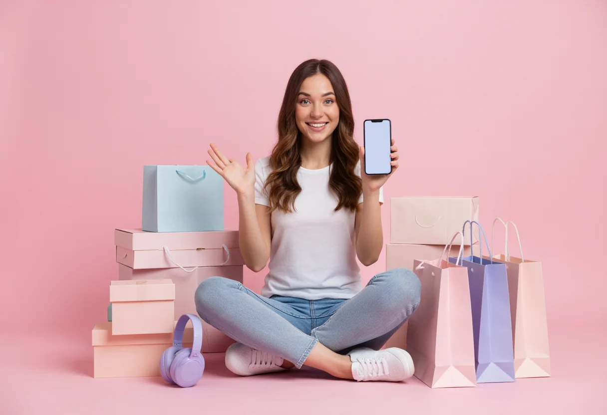 Beste Klarna winkels: een tevreden shopper met boodschappentassen die bij topwebshops met Klarna betaalt