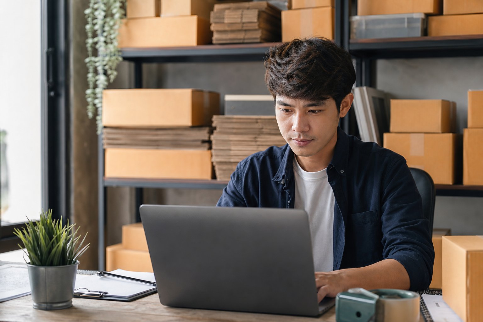 Een webshop-eigenaar bekijkt op een laptop het dashboard van een betaalprovider om betaalmethoden in te stellen, met verzenddozen op de achtergrond