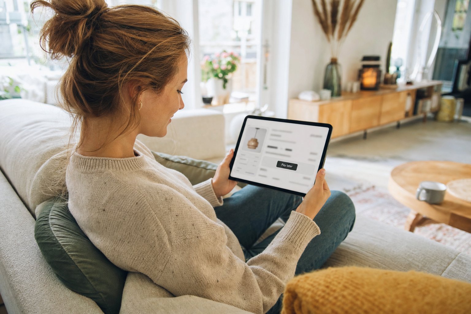 Een jonge vrouw shopt ontspannen thuis op de bank online met een tablet en kiest bij het afrekenen voor achteraf betalen