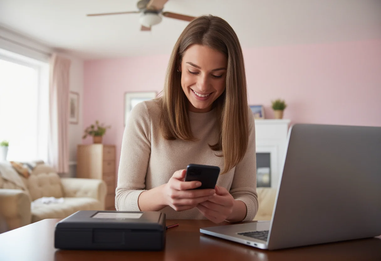 Vrouw betaalt thuis met Klarna via haar smartphone tijdens het online afrekenen bij een Nederlandse webshop