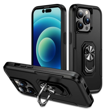 Lunso - iPhone 15 Pro - Armor backcover hoes met ringhouder - Zwart