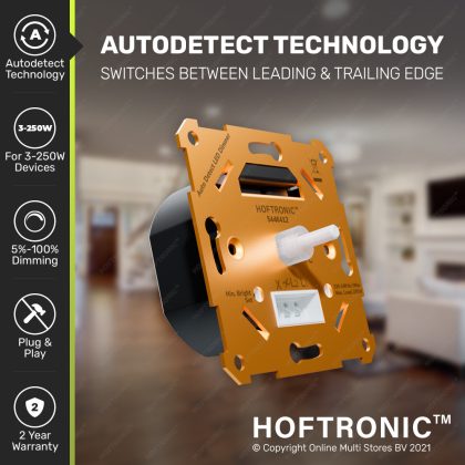 HOFTRONIC™ LED dimmer 3-400 Watt - Fase aan- en afsnijding - Auto detectie - Incl. afdekraam en draaiknop in zwart en wit