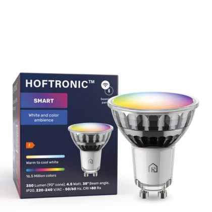 HOFTRONIC™ GU10 smart spot - 4,5 Watt 350 lumen - RGB + 2200K-6500K - WiFi + Bluetooth - Glazen spot - App besturing, Google Home, Amazon Alexa en Siri