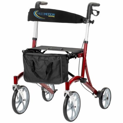 MultiMotion Lichtgewicht Rollator Cruiser | Rood | Grote voor wielen | Met rugband, tas en stokhouder | MultiMotion | Aluminium