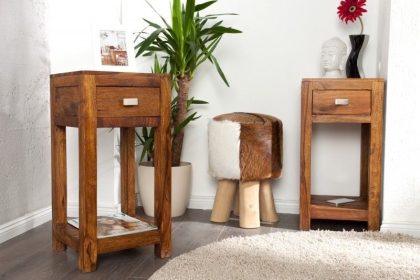 Invicta Interior Massief houten bijzettafel MAKASSAR 70cm Sheesham telefoontafel metalen handvat met opbergruimte - 22679