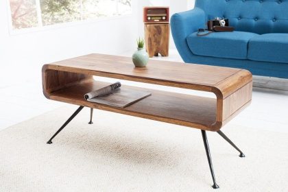 Invicta Interior Retro salontafel ALPHA 100cm Sheesham steenafwerking met massief houten plank zwarte metalen poten - 37512