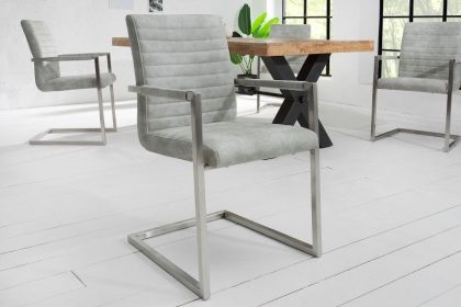 Invicta Interior industrieele sledestoel LOFT steengrijs met armleuning RVS frame - 38497