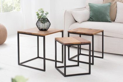 Invicta Interior Design bijzettafel set van 3 ELEMENTS 40cm Sheesham metalen frame zwart - 38605