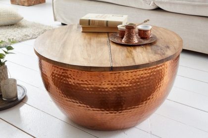 Invicta Interior Ronde salontafel ORIENT STORAGE 60cm koper gehamerd handgemaakt acaciahout met opbergruimte - 39253