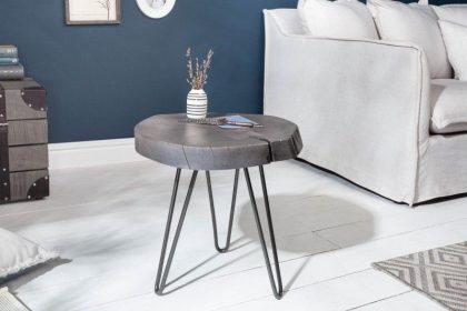 Invicta Interior Ronde bijzettafel GOA 45cm grijs massief acaciahout boomschijf kruk haarspeldpoten metaal - 39597