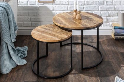Invicta Interior industrieele set van 2 bijzettafels ELEMENTS 60cm massief mangohout rond zwart metalen frame - 39656