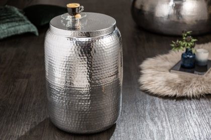 Invicta Interior Handgemaakte bijzettafel ORIENT STORAGE 50cm zilver gehamerd ontwerp met ronde opbergruimte - 40234