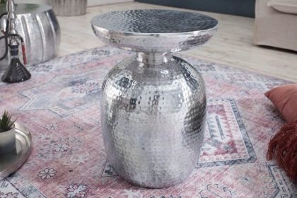 Invicta Interior Handgemaakte bijzettafel ORIENT 40cm zilver metaal gehamerd design rond - 40235
