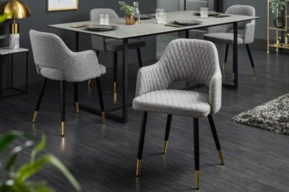 Invicta Interior Elegante stoel PARIS lichtgrijs met decoratieve stiksels en gouden voetkappen - 40570