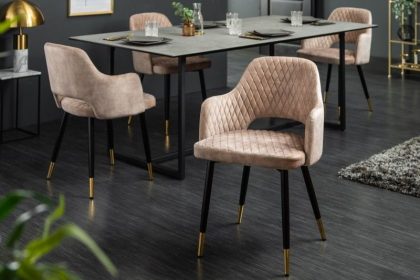 Invicta Interior Elegante stoel PARIS grijs fluweel decoratief quilten en gouden voetdoppen - 40572