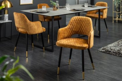 Invicta Interior Elegante stoel PARIS mosterdgeel fluweel decoratief quilten en gouden voetkappen - 40573