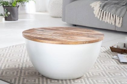 Invicta Interior Ronde salontafel INDUSTRIELE OPSLAG 60cm wit natuurlijk mangohout met opbergruimte handgemaakt - 40892