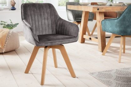 Invicta Interior Draaibare design stoel LIVORNO grijs fluwelen beukenhouten poten met armleuningen - 41309