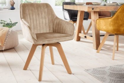 Invicta Interior Draaibare design stoel LIVORNO champagne grijs fluwelen beukenhouten poten - 41311
