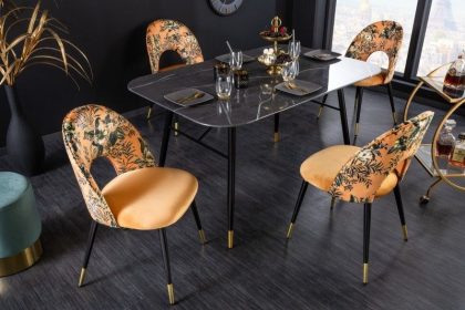 Invicta Interior Design stoel PRET-A-PORTER geel fluweel bloemmotief en gouden voetdoppen - 41701