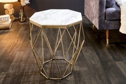 Invicta Interior Design bijzettafel DIAMOND 50cm wit marmer messing metaal - 41856