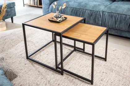 Invicta Interior Design bijzettafels set van 2 SLIM LINE 50cm wild eiken zwart industrieele stijl - 42012