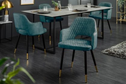 Invicta Interior Elegante stoel PARIS petrol fluweel decoratief gewatteerd voetdoppen goud retro design met armleuningen - 42292