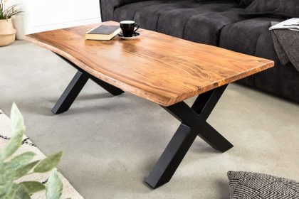 Invicta Interior Massief houten salontafel MAMMUT 120cm acacia honing afwerking X-frame zwart 2,5cm tafelblad - 41654