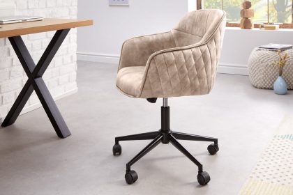 Invicta Interior In hoogte verstelbare design bureaustoel EUPHORIA champagne grijs fluweel draaibaar decoratief quilten - 41663