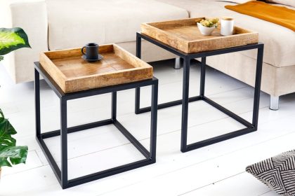 Invicta Interior industrieele bijzettafel set van 2 SERVITEUR 45 cm metalen salontafel van natuurlijk mangohout - 42575