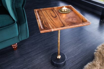 Invicta Interior Design bijzettafel TRAYFUL 55cm natuurlijk acacia massief hout zwart marmeren onderstel goud metaal - 41281