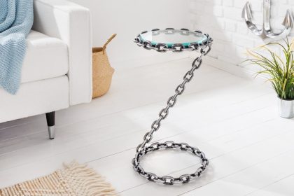 Invicta Interior Design bijzettafel CHAINS 35cm zilver handgemaakt metalen rond glazen blad kettingframe - 42234