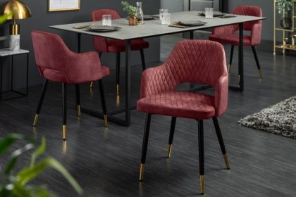 Invicta Interior Elegante stoel PARIS rood fluweel decoratief gewatteerd voetdoppen goud retro design met armleuningen - 42291