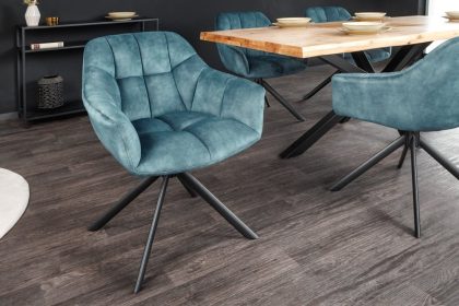 Invicta Interior Bureaustoel PAPILLON petrol fluweel zwart metalen poten armleuningen - 43198
