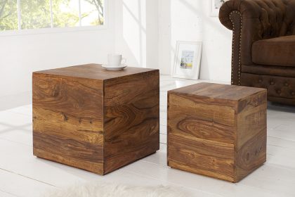 Invicta Interior Set van 2 bijzettafels kubus MAKASSAR 40cm Sheesham massief hout steenafwerking salontafels - 37290