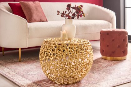 Invicta Interior Ronde salontafel ABSTRACT BLAD 50cm goudkleurig metaal filigraan handgemaakt vintage design - 43230