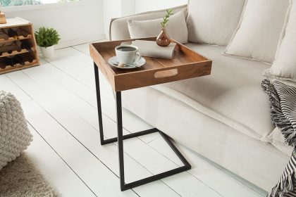 Invicta Interior Design bijzettafel CIANO 40cm massief acaciahout zwarte dienbladtafel - 39518