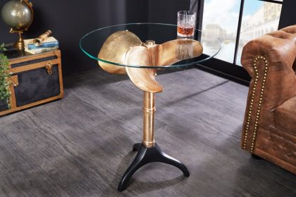 Invicta Interior Handgemaakte bijzettafel OCEAN 75cm goud zwart glazen blad metaal maritiem rond - 42725