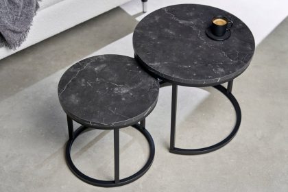 Invicta Interior Set van 2 bijzettafels ELEGANCE 45cm zwart marmeren design metalen frame rond - 43644