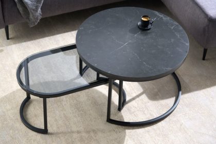 Invicta Interior Design salontafel set van 2 ELEGANCE 70cm zwart grijs marmer metalen frame - 43641