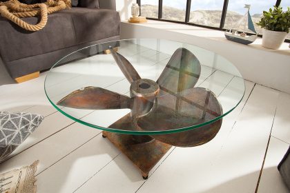 Invicta Interior Maritieme salontafel OCEAN M 60cm gevlamd koper rond scheepspropeller glazen blad - 39255