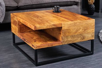 Invicta Interior Massief houten salontafel GIANT 60 cm bruin sheesham stone afwerking metaal zwarte plank - 43750