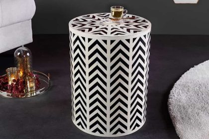 Invicta Interior Bone Inleg Bijzettafel HARMONY NATURE 45cm Rond Wit Zwart Ingelegd Arts & Crafts - 43660
