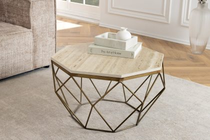 Invicta Interior Handgemaakte salontafel DIAMOND 70cm beige travertijn messing ijzer - 45204