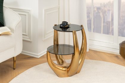 Invicta Interior Handgemaakte bijzettafel LEVELS 50cm goud antiek zwart glas zwart metaal - 44858