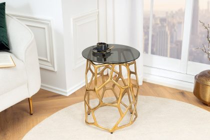 Invicta Interior Handgemaakte bijzettafel LIQUID GEOMETRY 50cm goud rond metaal zwart glas - 44857
