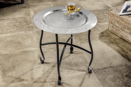 Invicta Interior Ronde Bijzettafel MARRAKECH 40cm Zilveren Theetafel Uitneembaar Dienblad Opvouwbaar - 44354