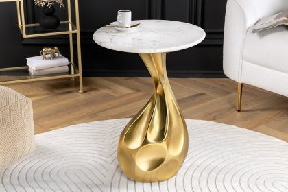 Invicta Interior Ronde bijzettafel TEAR 60cm goud wit met marmeren tafelblad handgemaakt - 44834