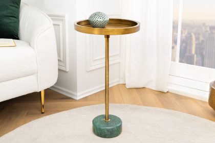 Invicta Interior Ronde Bijzettafel TRAYFUL 60cm Messing Antiek IJzer Groen Marmeren Voet Handgemaakt - 44848